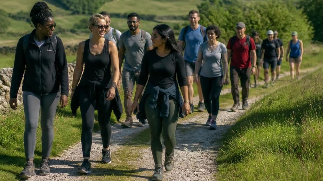 Photo of a men and women walking along a country trail