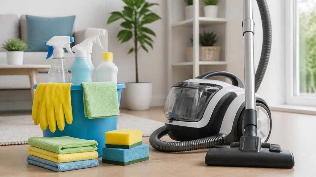 Illustrative photograph showing general purpose cleaning supplies and a vacuum cleaner