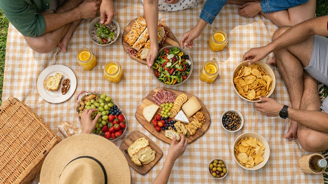 Photo of a family sitting on a checkered picnic cloth and  sharing various food items with each other
