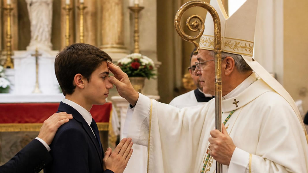 Photo showing the reverent and traditional nature of the Sacrament of Confirmation with a bishop wearing white vestments performing the sacrament, the young confirmands standing respectfully with their sponsor